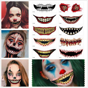 10pcs Halloween Face Temporary Tattoos Horror Big Mouth Tattoo Stickers Makeup