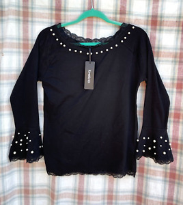 Bebe Women's Solid Black Top w/Pearls  ~ Bell Sleeves  Choose Your Size!!