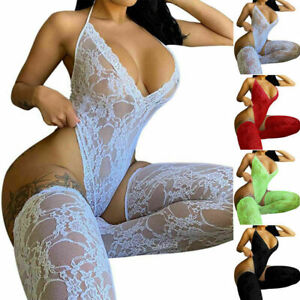 Women Sexy Lingerie Lace Nightwear Underwear Bodysuit Stockings Set Sleepwear US