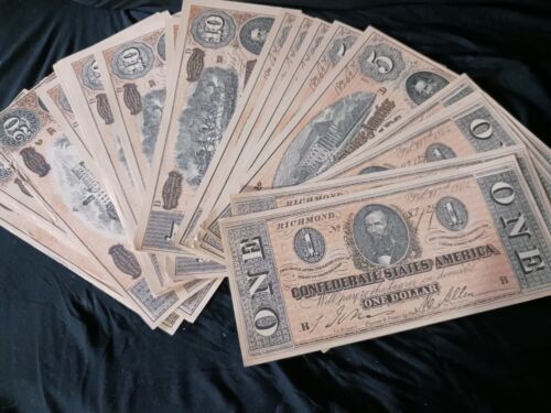 US Confederate Currency Lot - $1, $5, $10, $20 - Vintage Facsimile