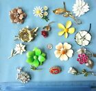 15 Vintage Unsigned Flower Pins, Enamel, Rhinestone, Faux Pearl, Etc.