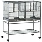 Double Rolling Metal Bird Cage w/ Removable Tray Storage Shelf Wood Perch Large