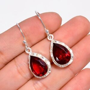 Red Garnet Gemstone Drop/Dangle Ethnic Earrings 925 Sterling Silver For Women
