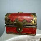Vintage Red Small Trinket Treasure Chest Box with Hinged Lid & Brass Accents