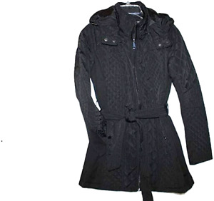 Sebby NWT Women's Size S Black Quilted Belted Short Zip Up Trench Coat w/ Hood
