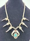 STUNNING ANTIQUE NAVAJO STERLING, TURQUOISE & BEAR CLAW SQUASH BLOSSOM NECKLACE