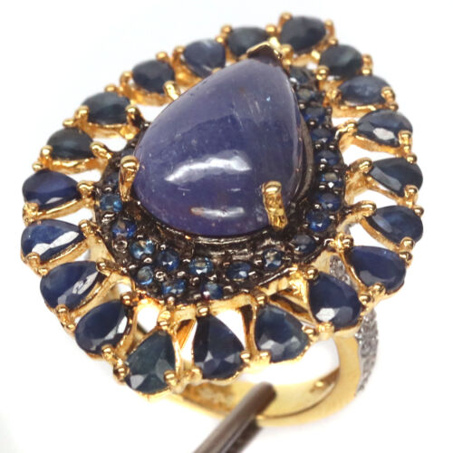 11 X 16 mm. Blue Tanzanite, Sapphire & Zircon Ring 925 Silver Sterling 18K Gold