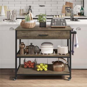 3-Tier Rolling Kitchen Island Microwave Cart with Storage Wheel Drawer & Shelves
