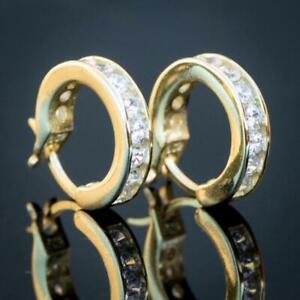 Mens 14K Gold Plated Iced Solitaire Real Sterling Silver Hoop Huggie Earrings