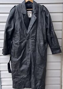Wilda Mens Black Genuine Leather Belted Long Sleeve Trench Coat Size XL