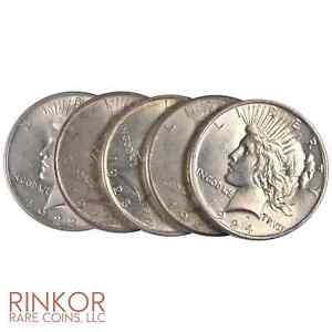 (5 Coins) 1922 - 1925 AU Peace Silver Dollar - About Uncirculated 90% Silver