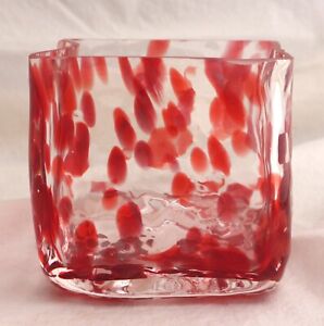 New ListingHand Blown Organic Square Art Glass Vase: Fused Clear over Layer with Red Spots