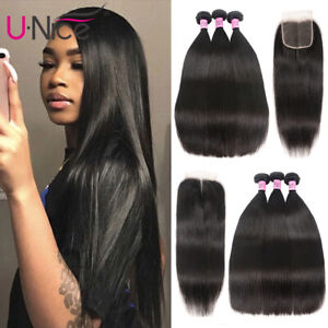 UNice Malaysian Straight Bundles Human Hair  Extensions with Lace Closure Weaves
