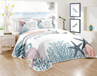 Coastal Bedding Quilt Queen Size with 2 Shams, Nautical Beach Bedspreads Navy Bl