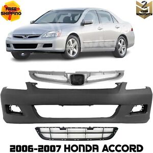 Front Bumper Cover Fascia Paintable & Grille Assembly For 2006-2007 Honda Accord (For: 2007 Honda Accord)