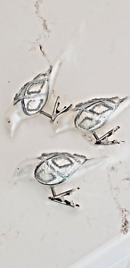 Retro Christmas Clip Ornaments 3 Beaded Silver Pearl White Birds Feather Tail
