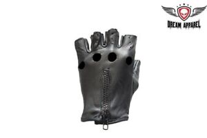 Black Fingerless Leather Motorcycle Biker Riding Air Vents Holes Gloves
