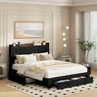 PU Modern Bed Frame with 4 Storage Drawers and Charging Station,Upholstered