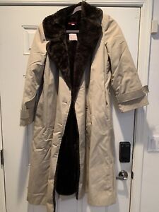 Vintage Halston III Double Breasted Trench Coat Faux Fur Lining Beige Size 8