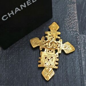 CHANEL Gold Plated CC Logos Cross Vintage Pin Brooch #492c Rise-on