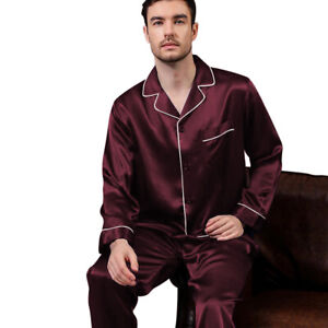 Mens Silk Satin Pajamas - PJ Set Top and Bottom - Burgundy White Piping