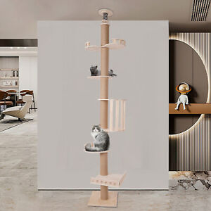 Modern Wooden Floor-to-Ceiling Cat Tree Tower+Natural Sisal Rope Scratching Post