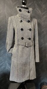 Guess SZ L Women’s Gray Tweed Double Breasted Belted Coat Wool Blend