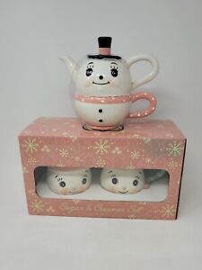 Johanna Parker Snowman Pink Teapot Mug Cream Sugar Set Christmas  Kitschy NEW!!!