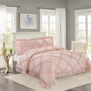 3 Pieces Peach Ruffle Comforter Set, 1 Comforter with 2 Pillow Shams, Queen