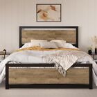 Queen Size Metal Platform Bed Frame with Wooden Headboard