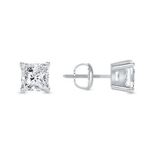 2 Ct Princess Cut Created Diamond Earrings Stud Real 14K White Gold Basket Screw