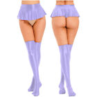 US Women Oil Shiny Ruffled Pleated Mini Skirts with Stockings Set Dance Clubwear