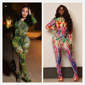 New Women Stylish O Neck Long Sleeves Multicolor Print Bodycon Mesh Jumpsuit2pcs