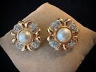 Vintage Signed CRAFT Faux Pearl & Pave Rhinestone Fancy High End Clip Earrings