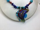 Vintage MURANO GLASS Multicolor FISH GLASS NECKLACE With Coral And Lapis Chips