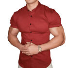 Mens Button Down Slim Fit Tops Short Sleeve Muscle Shirt Casual Work T-Shirts US