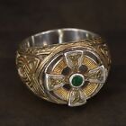 VTG Sterling Silver - IRISH Emerald Celtic Cross Men's Gold Ring Size 9.75 - 15g