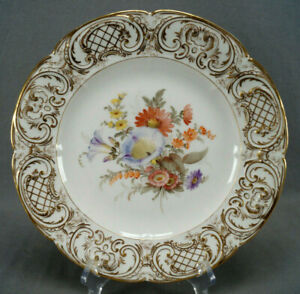 KPM Berlin Hand Painted Floral Relief Molded Gold Scrollwork 10 1/2 Inch Plate E