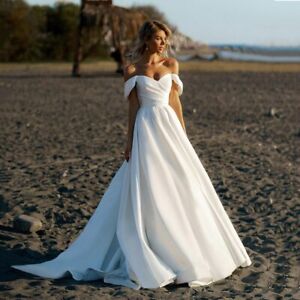 Beach A Line Wedding Dresses Off The Shoulder Satin Princess Bridal Gowns Custom