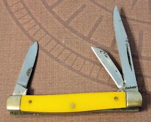 Ka-Bar Knife USA Small Three Blade Stockman Smooth Yellow Delrin Handles Vintage