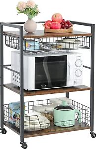 Yuzehuaza Microwave Cart with Wire Basket, 3-Tier Industrial Mobile & Lockable