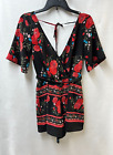 MI AMI Black Red Floral Short Sleeve Lined Jumpsuit Romper Shorts Women's XS