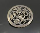 925 Sterling Silver - Vintage Dark Tone Round Floral Motif Brooch Pin - BP7904