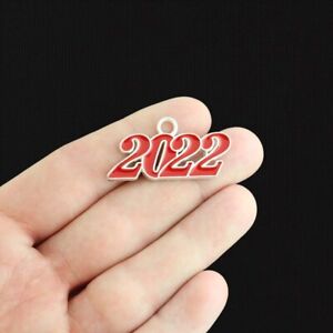 2 Red Year 2022 Silver Tone Enamel Charms - E1490