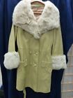 VINTAGE CREME LEATHER MID-LENGTH COAT FUR FOX? COLLAR & CUFFS BELT SIZE 8 LINED