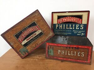 Pair 2 Vtg Antique Bayuk Phillies Perfecto Original Cigar Metal Tin Box Boxes