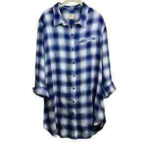 Boston Traders Blue White Tartan Plaid Long Length Button Down Shirt Dress XL