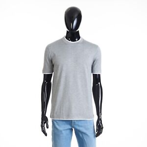 BRUNELLO CUCINELLI 595$ Grey Silk & Cotton T-Shirt - Shortsleeve, Faux Layering