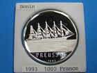 Benin 1000 Francs .999 Silver Coin, 1993 PROOF Cameo, Sailing Ship Preussen KM#7