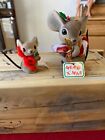 Josef Originals flocked Christmas mice one holding a candy cane figurines